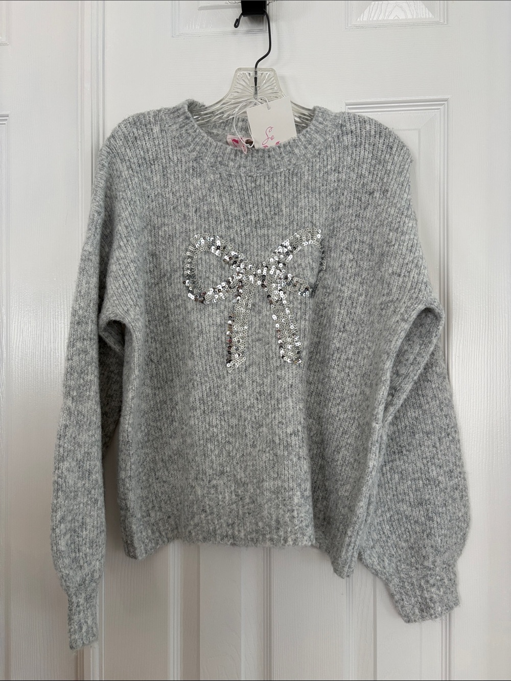 So Me “Brent” oversized cozy Soft Grey Sequin Bow holiday Sweater Womens S NWT